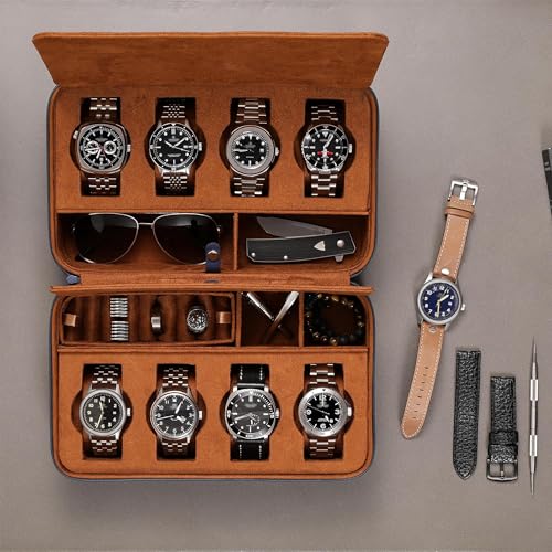 ROTHWELL 8 Watch Travel Case Storage Organizer for 8 Watches, Sunglasses, Rings & Cufflinks |Tough Portable Protection with Zipper Fits Most Wristwatches & Smart Watches Up to 50mm (Blue/Tan) - color: Blue/Tan