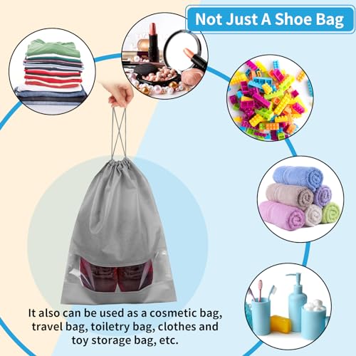 Large Gray Travel Shoe Bags - 10 Pcs with Clear Window, Non-Woven Drawstring, 12.6" X 17.3" for Men Women - color: Grey, style: 10 Pack