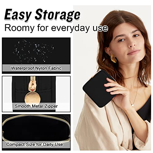 Nylon Mini Makeup Bag for Purse, Preppy Small Cute Black Makeup Bag Cosmetic Zipper Pouch Purse, Waterproof Travel Coin Pouch Sanitary Napkin Storage Bag Clutch Makeup Organizer for Women Girls(Black) - color: Black, size: Mini