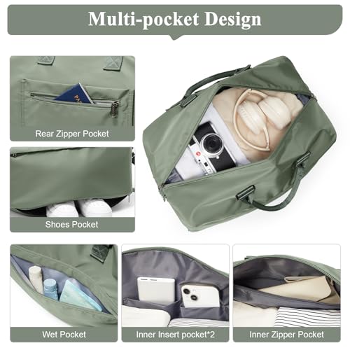Travel Duffel Bag,Carry-On Overnight Weekender Bags for Women,Personal Item Travel Bag with Shoes Compartment,Sports Gym Bag - color: Green