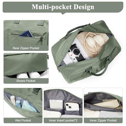 Travel Duffel Bag,Carry-On Overnight Weekender Bags for Women,Personal Item Travel Bag with Shoes Compartment,Sports Gym Bag - color: Green