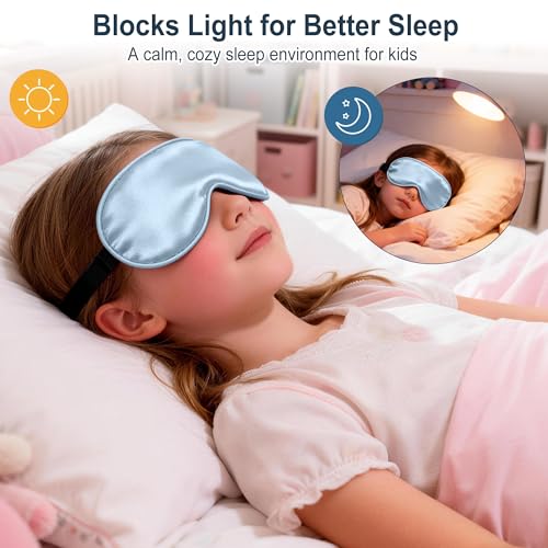 Kids Sleep Mask, Kids Eye Mask for Boys Girls, Kid Silk Eye Masks with Adjustable Strap for Sleeping, 100% Light-Blocking Sleep Eye Cover, Includes Protective Laundry Bag (Blue) - color: Blue