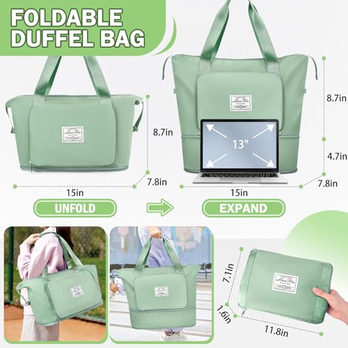 Ranslen Large Capacity Folding Travel Bag,Expansion Travel Duffel Bag with Dry and Wet Separation Portable Travel Duffel Bag - color: Green