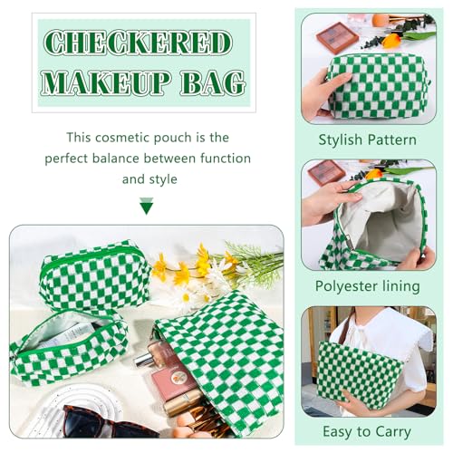 ZLFSRQ 3Pcs Checkered Makeup Bag for Women Large Small Checkered Cosmetic Bag Set Aesthetic Preppy Pencil Case Cute Pencil Pouch Green Makeup Pouch for Purse Travel Toiletry Bags Zipper Skincare Bags - color: B-Checkered 3Pcs Mix Green