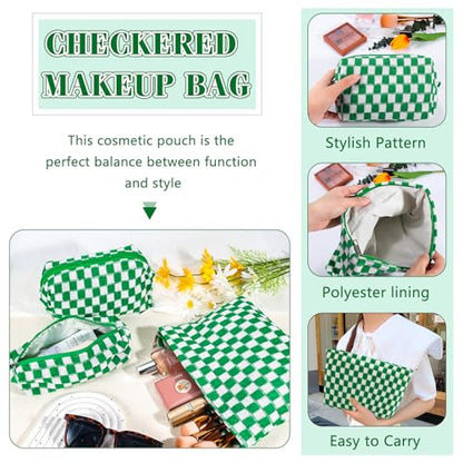 ZLFSRQ 3Pcs Checkered Makeup Bag for Women Large Small Checkered Cosmetic Bag Set Aesthetic Preppy Pencil Case Cute Pencil Pouch Green Makeup Pouch for Purse Travel Toiletry Bags Zipper Skincare Bags - color: B-Checkered 3Pcs Mix Green
