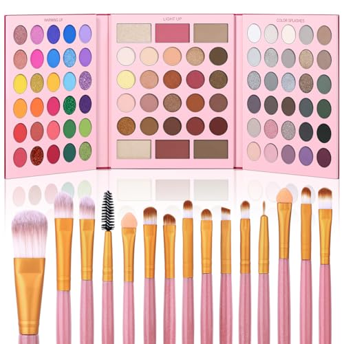 UCANBE Eyeshadow Palette with 15Pcs Brushes Makeup Set, Pigmented 86 Colots Make Up Pallet Gift Sets, Matte Shimmer Metallic Eye Shadow Highlighter Contour Blush Powder Christmas Valebtines Beauty Kit - color: Palette D + Pink Brush