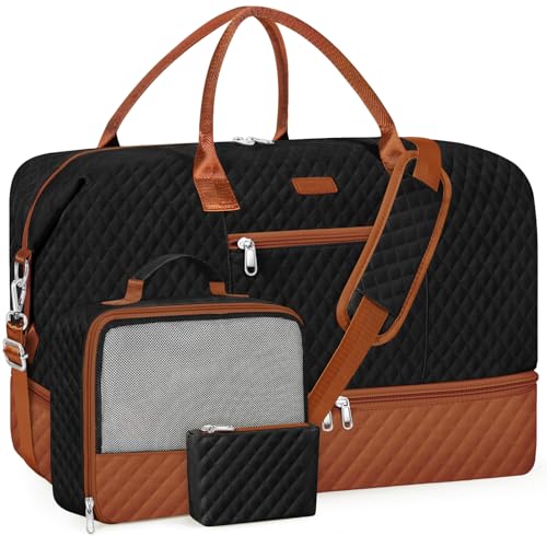 ITIEZY Weekender Overnight Bag for Women - Large Travel Duffel Bag with Shoe Compartment, Gym Duffel Bag Hospital Bag Carry On Tote Bags for Airplanes with Crossbody Bag Toiletry Bag 3Pcs Set - color: 9a-Black brown