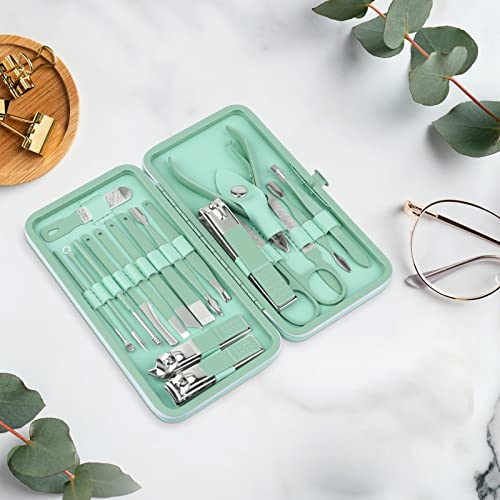 Teamkio 18pcs Manicure Set Pedicure Nail Clippers Set Travel Hygiene Kit Stainless Steel Professional Cutter Care Set Scissor Tweezers Knife Ear Pick Tools Grooming Kits with Leather Case - color: Green