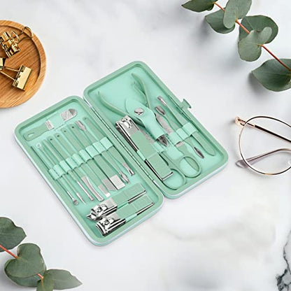 Teamkio 18pcs Manicure Set Pedicure Nail Clippers Set Travel Hygiene Kit Stainless Steel Professional Cutter Care Set Scissor Tweezers Knife Ear Pick Tools Grooming Kits with Leather Case - color: Green