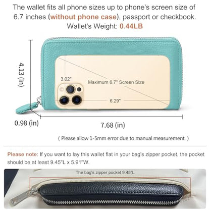 Moflycom Womens Wallet RFID Blocking Genuine Leather Zip Around Wallet Clutch Wristlet Travel Long Purse for Women - color: Teal Blue