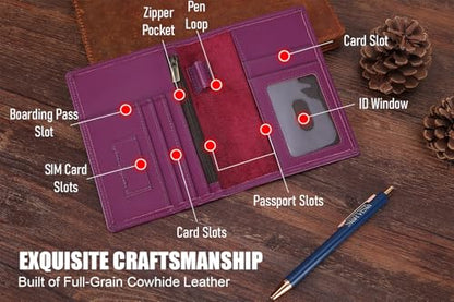 STAR VISTA Phoenix Leather Passport Holder, Calfskin Travel Wallet - RFID Blocking, ID Window, Zipper Pocket, Pen & Notebook Included, Violet - color: Violet Calfskin