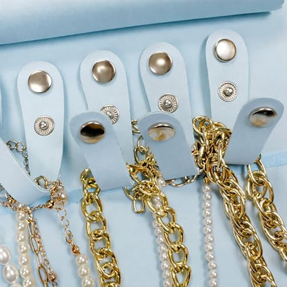 UnionPlus Travel Jewelry Roll, Faux Leather Necklaces Organizer Bag, Elastic Band and Anti-winding, Air Blue - color: Leather Air Blue, size: Medium