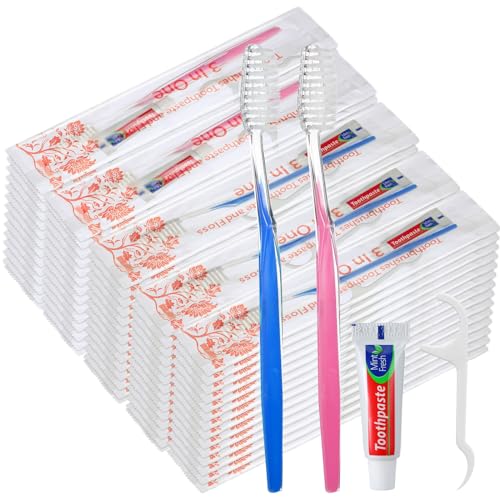 FoldTier 200 Sets Disposable Toothbrushes with Toothpaste and Floss Bulk Individually Wrapped 10g Toothpaste Homeless Hygiene Kit Bulk Homeless Care Package Supply for Travel Shelter (Light Blue Pink) - size: 3 Count (Pack of 200)