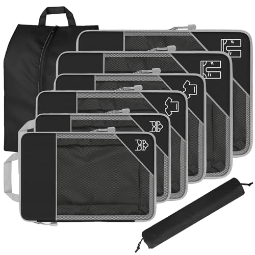 8 Set Compression Packing Cubes for Travel, Expandable Luggage Organizer with Shoe Bag & Laundry Bag - Lightweight Suitcase & Backpack Travel Essentials (Black) - color: Black