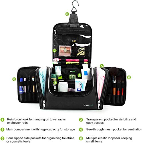 LAVIEVERT Toiletry Bag/Makeup Organizer/Cosmetic Bag/Portable Travel Kit Organizer/Household Storage Pack/Bathroom Storage with Hanging for Business, Vacation, Household - Black