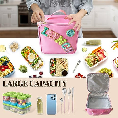 Insulated Lunch Bag With Adjustable Shoulder Strap, Nylon Preppy Lunch Box Large Insulated Lunch Bag Reusable Lunch Tote Bag with Smiley Preppy LunchBag for Girls School Travel Picnic (Pink) - color: Pink