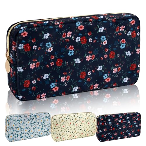Iqimott Nylon Small Makeup Bag Cosmetic Zipper Pouch, Cute Floral Preppy Cosmetic Bag Make Up Pouch Purse, Waterproof Travel Toiletry Bag Coin Purse Storage Organizer Bag for Women Girls(Black Rose) - color: Black-Rose, size: Small