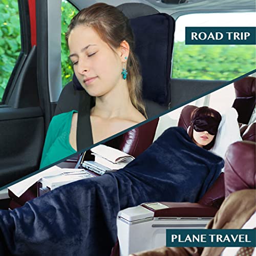PAVILIA Travel Blanket Pillow, Soft Airplane Blanket 2-IN-1 Combo Set, Plane Blanket Compact Packable, Flight Essentials Car Pillow, Travelers Gifts Accessories Luggage Backpack Strap, 60x43 Navy Blue - color: Navy