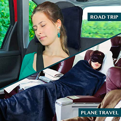 PAVILIA Travel Blanket Pillow, Soft Airplane Blanket 2-IN-1 Combo Set, Plane Blanket Compact Packable, Flight Essentials Car Pillow, Travelers Gifts Accessories Luggage Backpack Strap, 60x43 Navy Blue - color: Navy
