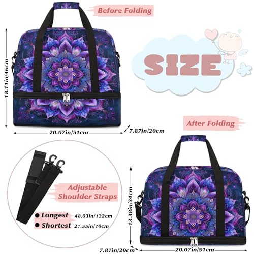 Travel Duffle Bags With Shoes Compartment for Women Men Purple Mandala Lightweigh Sports Tote Gym Bag Boho Flower Foldable Canvas Weekender Overnight Carry On Luggage Handle Bag - color: B03:Purple Mandala