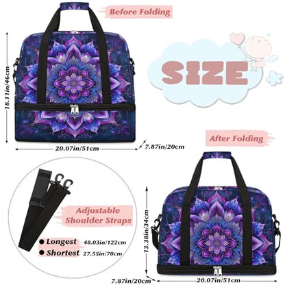 Travel Duffle Bags With Shoes Compartment for Women Men Purple Mandala Lightweigh Sports Tote Gym Bag Boho Flower Foldable Canvas Weekender Overnight Carry On Luggage Handle Bag - color: B03:Purple Mandala