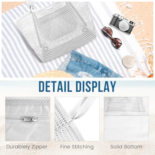 HOHOM Beach Bags for Women, Summer Travel Mesh Tote Bag with Large Inner Pocket, Sandproof Woven Shoulder Handbag - color: Snowy White