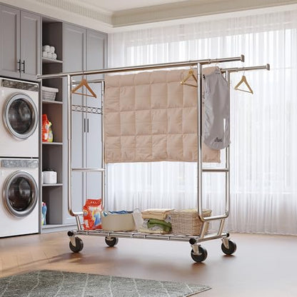 Raybee Clothes Rack, Seasonal Storage & Closet Organize, Collapsible Frame | Heavy Duty, Large Capacity, Commercial-Grade Stainless Steel, Expandable Rods, Height Adjustable, Lockable Wheels, Fast Setup - color: Chrome