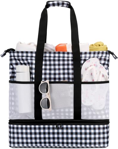 JIANYA Beach Bag Women Waterproof Sandproof Beach Tote Bags with Cooler Top Zipper Large Totes for Pool Travel Daily - color: Black Checked Pattern