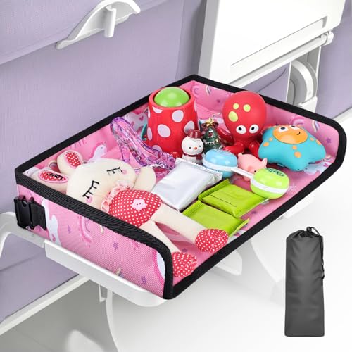 Kids Tray Table Cover, Airplane Tray Cover with Pockets, Airplane Travel Essentials for Kids, Portable Airplane Must Haves for Toddler on Plane or Train and Flying Supplies (Pink) - color: Pink