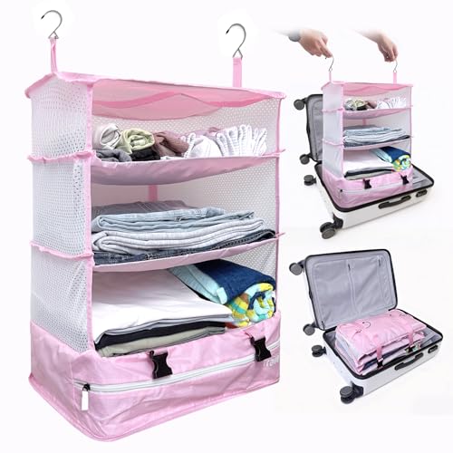 Grand Fusion Stow-N-Go Hanging Travel Shelves, Packing Organizer for Luggage. Carry on Closet for Suitcase. Expandable Packing Cube. Travel Essentials. (Pink - XL, XL = (L) 17.7" x (W) 11.8") - color: Pink, size: XL = (L) 17.7" x (W) 11.8"