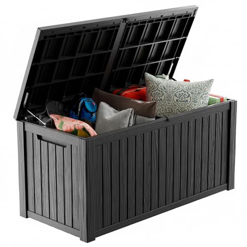 200 Gallon Waterproof Outdoor Storage Box,Resin Deck Box,Lockable Outside Storage Box Container for Patio Furniure,Garden,Tools (200 Gallon,Black) - color: Black, size: 200 Gallon