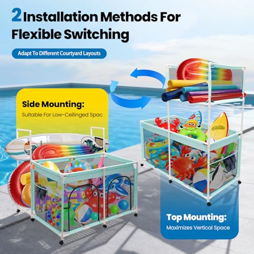 Pool Float Storage Bin 271 Gallon - 2-in-1 XX-Large Outdoor Pool Toy Storage Holder for Raft Noodles Inflatables Towels Balls, 9 Wheels Mesh Rolling Organizer Car Bin for Swimming Equipments