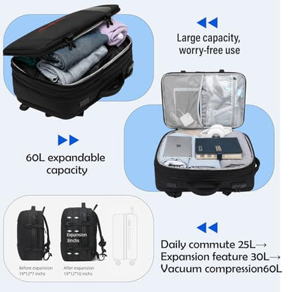 Vacuum Seal Travel Backpack W/Pump Built-in - 60L Water-Resistant Carry-On Vacuum Backpack Travel Bag Expandable Air Compression System with TSA Lock Fits19 Laptop (Black) - size: 60L