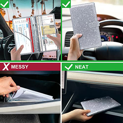 RSAquar Car Registration & Insurance Holder - Leather Glove Box Organizer, Cool Accessories for ID, Driver's License Cards & Essential Documents, Men & Women, Glitter Gray - color: Glitter Gray