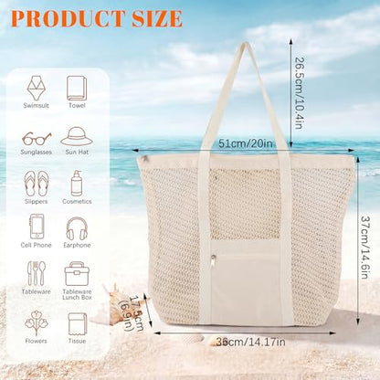 Dntorx Women's Mesh Beach Bag, Stylish Beach Tote for Swimming, Travel & Vacation Essentials, Lightweight Design for Poolside - color: Beige