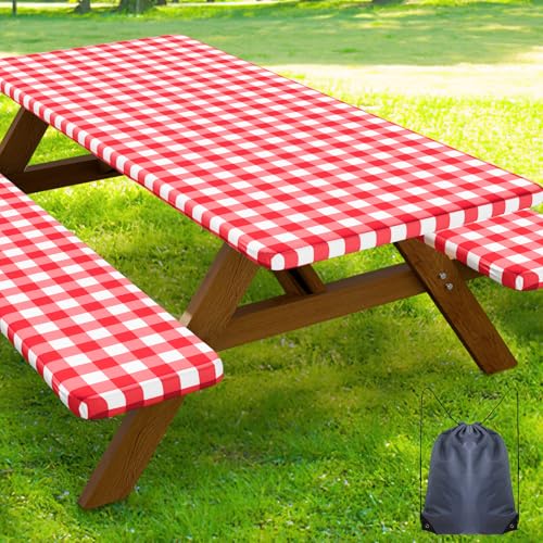 Smiry Picnic Table Cover with Bench Covers, Waterproof Elastic Fitted Tablecloths for 5 Foot Rectangle Tables, Washable Buffalo Plaid Tablecloth for Camping, Outdoor (Red & White, 30"x60") - color: Red and White, size: 30" x 60"