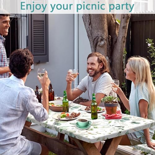 Picnic Table Cover with Bench Covers and Bag, Camping Essentials, Eucalyptus Leaves Outdoor Table Covers, Waterproof Windproof, Fitted Tablecloth Cover with Elastic Edge, 3 PCS, 30x72 Inch - color: Eucalyptus Leaves, size: 30" x 72"