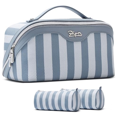 BOYATU Travel Makeup Bag Cosmetic Bag for Women: 3 Pcs Set Striped Make up Bag with Compartments - Waterproof Vegan Leather Toiletry Bags with Handle - Makeup Organizer for Travel Essentials(A-1-Blue) - color: A-1-Blue