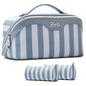 BOYATU Travel Makeup Bag Cosmetic Bag for Women: 3 Pcs Set Striped Make up Bag with Compartments - Waterproof Vegan Leather Toiletry Bags with Handle - Makeup Organizer for Travel Essentials(A-1-Blue) - color: A-1-Blue