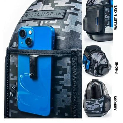 Half-Gallon Fitness Hydration Cover | Neoprene Insulated Cooling & Portable Gym Water Bottle Carrier | CASE with Storage Pockets - color: CAMO DIGITAL BLACK