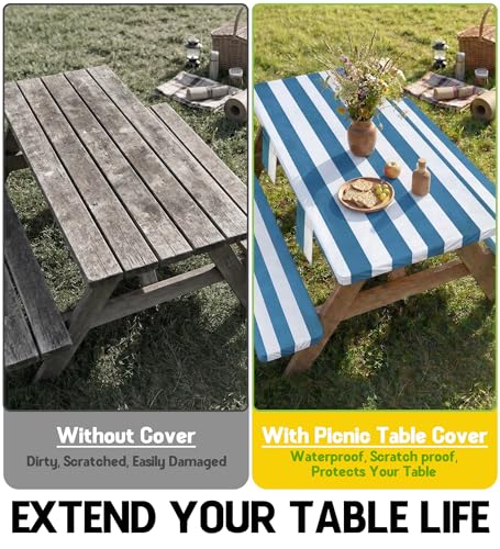 Picnic Table Cover with Bench Covers Tablecloth Fitted Table Cloth Camping Essentials Supplies Rv Travel Must Haves Gear Accessories Outdoor Road Trip Necessities Stuff Gadgets Camper Gadgets Items - color: Blue White Striped, size: 72in