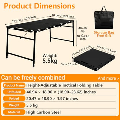 Camping Table Portable Folding Table 40.9"x18.9" (Innovative Nitrogen Gas Strut) Adjustable Heights Outdoor Folding Tactical Table with Carry Handle, Bonus Storage Bag for Camping, Picnic, Party