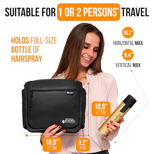 AvaJex Travel Toiletry Bag for Men - Large Dopp Kit (10.6"x10.6"x3.2") - Hanging Waterproof Mens Hygiene Organizer Bag with XXL Metal Swivel Hook, Sturdy Zippers and 19 Compartments for Toiletries - color: L Jet Black