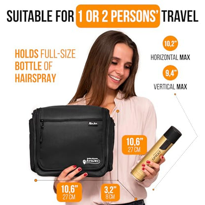 AvaJex Travel Toiletry Bag for Men - Large Dopp Kit (10.6"x10.6"x3.2") - Hanging Waterproof Mens Hygiene Organizer Bag with XXL Metal Swivel Hook, Sturdy Zippers and 19 Compartments for Toiletries - color: L Jet Black