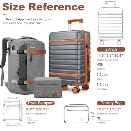 Luggage Sets 3 Piece with Spinner Wheels, Lightweight PC Hardside Suitcase with TSA Lock & YKK Zippers, 20 Inch Carry On Luggage with Travel Bag for Men and Women, Grey - color: Grey, size: 3 Piece Set (20inch)
