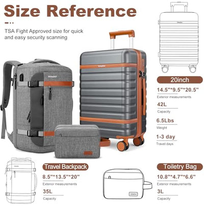 Luggage Sets 3 Piece with Spinner Wheels, Lightweight PC Hardside Suitcase with TSA Lock & YKK Zippers, 20 Inch Carry On Luggage with Travel Bag for Men and Women, Grey - color: Grey, size: 3 Piece Set (20inch)
