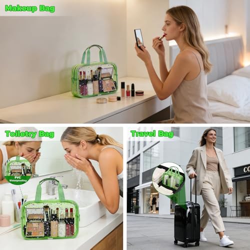 Large Clear Makeup Bag 12x5x8 Green Star Pattern - Waterproof PVC Travel Cosmetic Organizer with Handle, Durable Transparent Toiletry Case for Women Girls Travel Gym Beach Storage - color: Green, style: Star