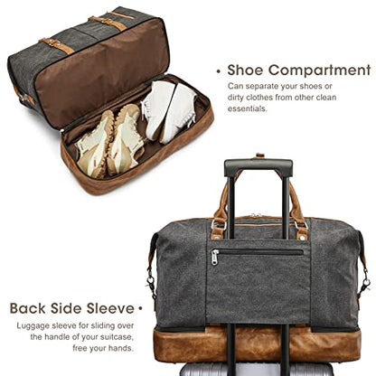 S-ZONE Weekender Bag for Men Canvas Duffle Large Weekend Overnight Travel Carry On Tote Bag with Shoe Compartment Black - color: B-Black