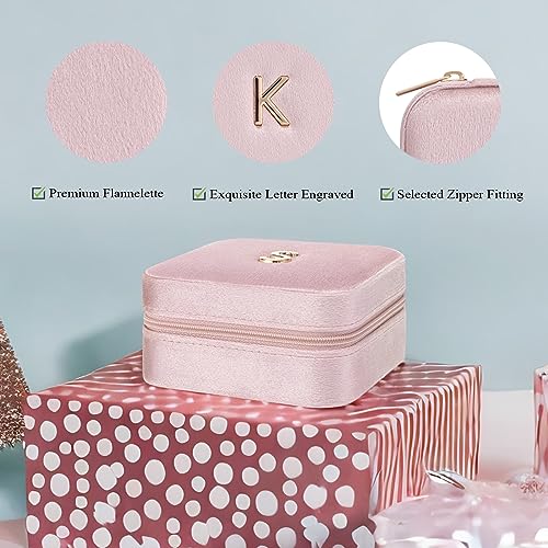 VLANDO Small Travel Jewelry Box Organizer Display Case for Rings Earrings Necklaces Storage, Selected Soft Velvet, Letter K Engraved, Pink - color: b. Powder Pink K