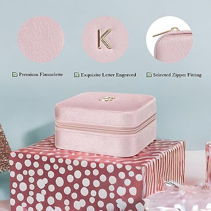 VLANDO Small Travel Jewelry Box Organizer Display Case for Rings Earrings Necklaces Storage, Selected Soft Velvet, Letter K Engraved, Pink - color: b. Powder Pink K